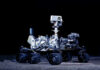 Mars rover with six wheels and camera mast on dark background