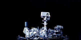 Mars rover with six wheels and camera mast on dark background