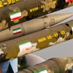 Row of military missiles with camouflage and national flags