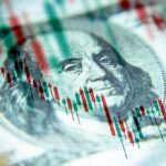 us dollar bill with stock candlestick chart overlay