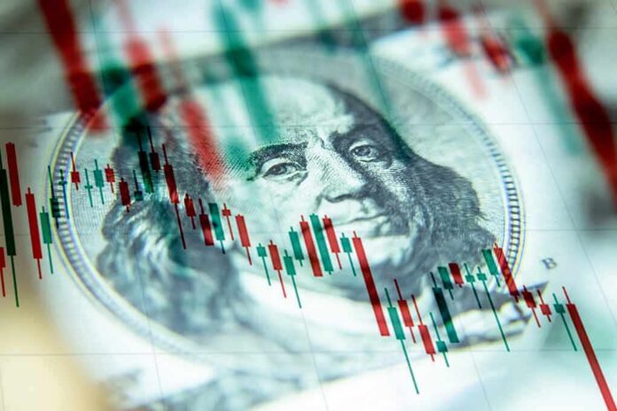 us dollar bill with stock candlestick chart overlay