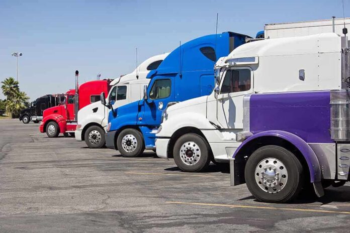 A lineup of colorful trucks parked in a lot