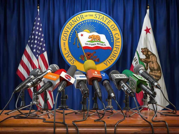 Press microphones at a podium before California governor seal