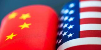 Chinese and American flags side by side