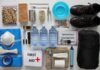 Emergency kit items organized on a white surface