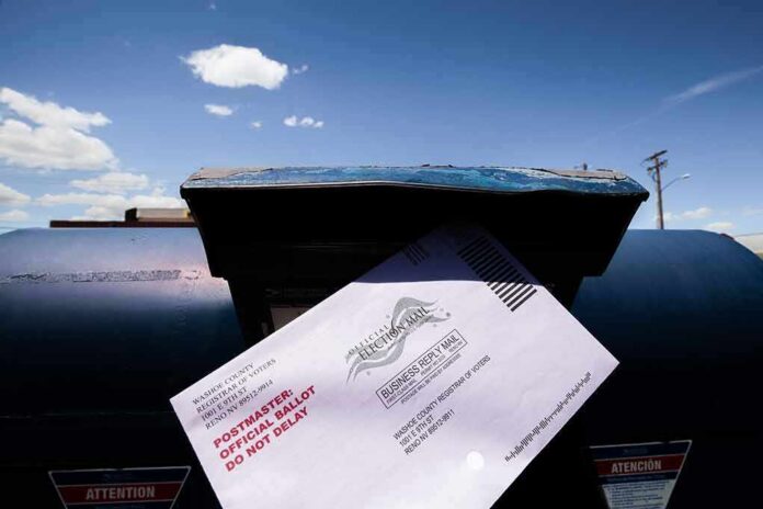 shutterstock_1789887014 Mail-in ballot being inserted into a blue USPS mailbox