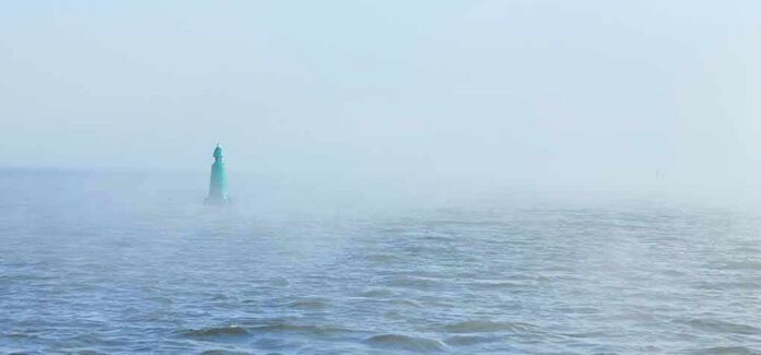 Green buoy in foggy sea