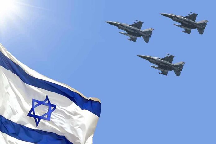 Israeli flag with three fighter jets flying overhead