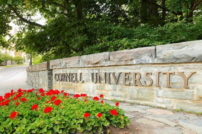 Cornell University stone entrance sign with red flowers