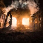 Street with burning buildings and heavy smoke at night