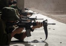 Soldiers lying prone firing rifles at a shooting range