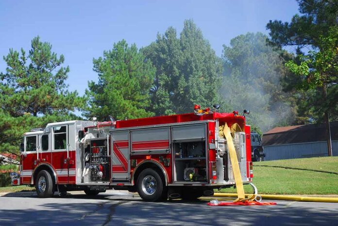 Fire truck parked on suburban street with hoses deployed