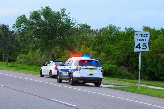 Police SUV with lights on behind a white car on roadside near 45 mph sign