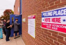 Johanna Goliszewski in line at a polling place entrance