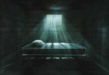 Prison cell with single metal bed under barred window