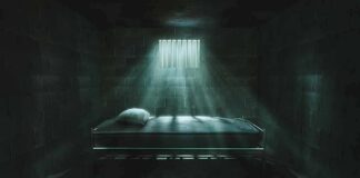 Prison cell with single metal bed under barred window