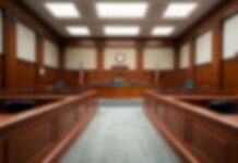 Already Behind Bars, Now Facing Fifty More Years Empty courtroom with wooden benches and judge's bench